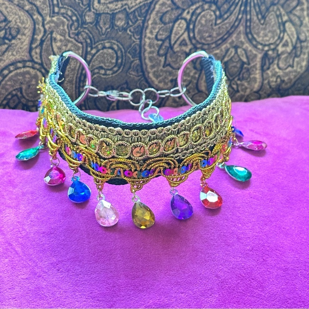 Artisan Gold Choker Multicolor Acrylic Dangle Gem Moroccan Style Handmade Signed